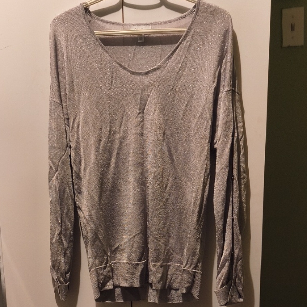 Calvin Klein - Metallic Shimmering Silver Knit Top With Silver Pearls